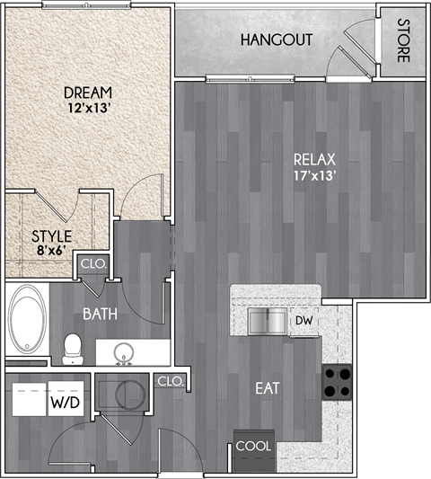 Floor plan for 1 bed, 1 bath, 783 sqft